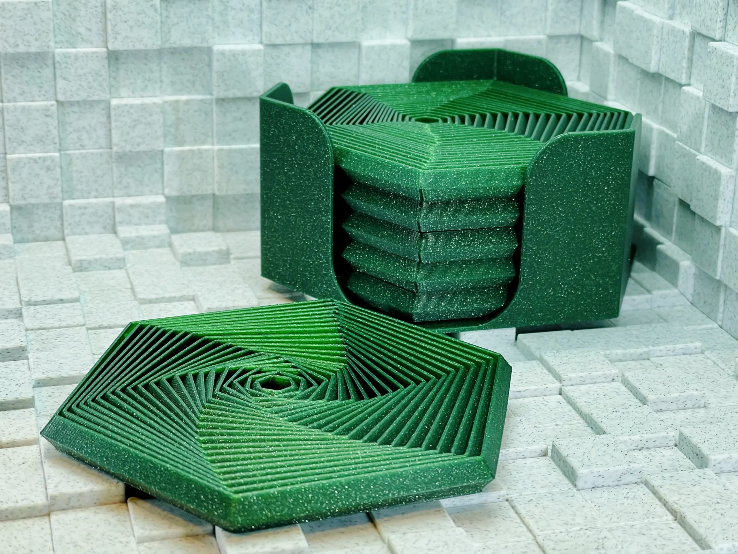 Super Fidget Coaster Seti – 3D Baskı Altıgen Desenli Bardak Altlığı ve Tutucu-Yeşil