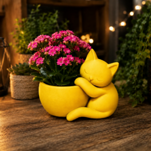 Sarılan Kedi Saksı – 3D Baskı Sevimli Dekoratif Saksı - Sarı