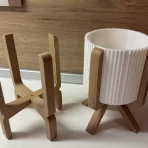 Ayaklı Çizgili Saksı – 3D Baskı Bej Standlı Dekoratif Saksı - Beyaz