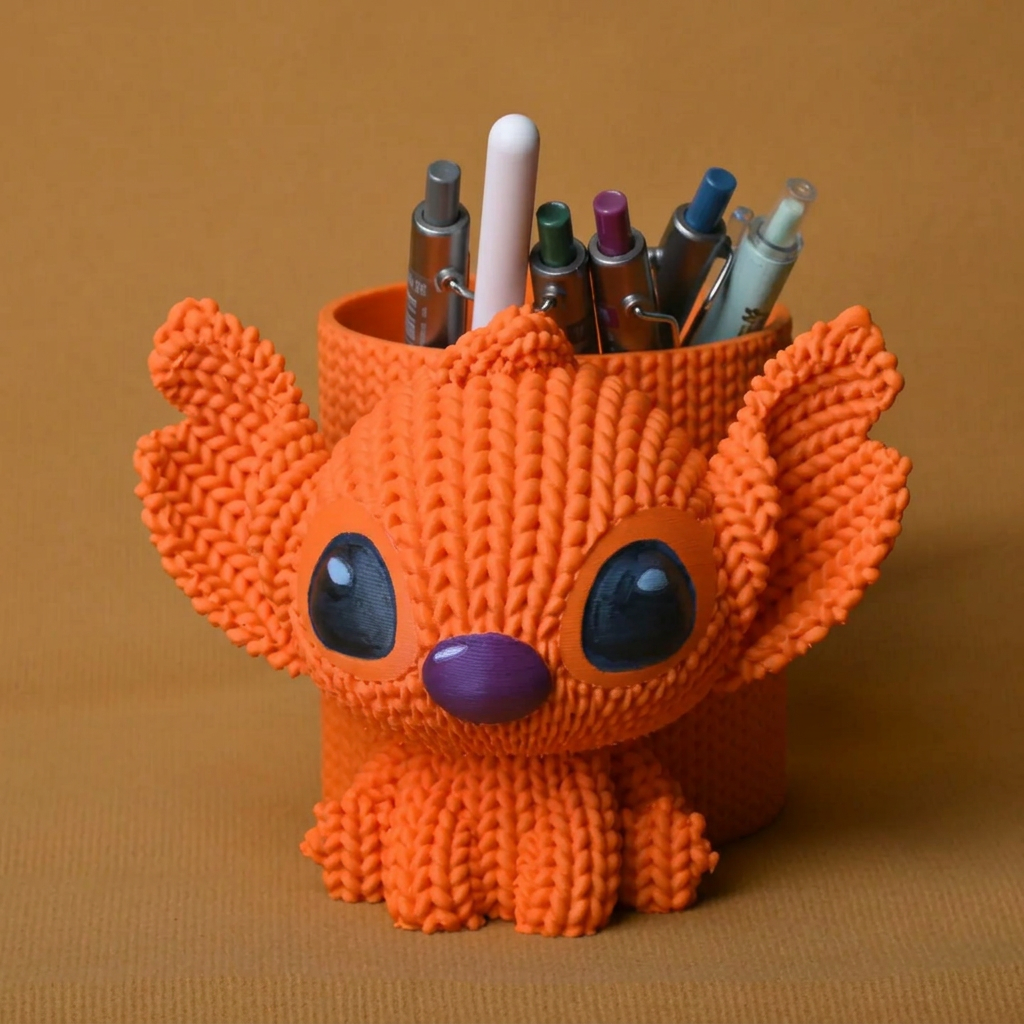 Knitted Kalemlik – 3D Baskı Sevimli Karakterli Masaüstü Kalem Organizeri-Turuncu