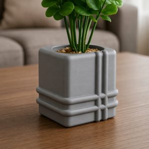 Square Planter – 3D Baskı Izgara Desenli Küp Saksı-Gri