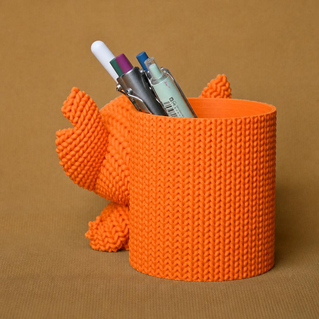 Knitted Kalemlik – 3D Baskı Sevimli Karakterli Masaüstü Kalem Organizeri-Turuncu - Görsel 2