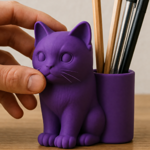 Kedi Figürlü Kalemlik – 3D Baskı Masaüstü Organizer - Mor