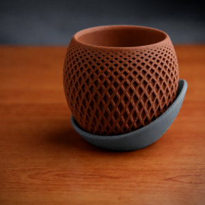 Küre Saksı – 3D Baskı Kafes Dokulu İki Parçalı Dekoratif Saksı - Kahverengi-Gri