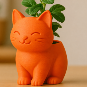 Sevimli Kedi Saksı – 3D Baskı Figürlü Sukulent Saksısı-Turuncu