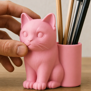 Kedi Figürlü Kalemlik – 3D Baskı Masaüstü Organizer - Pembe