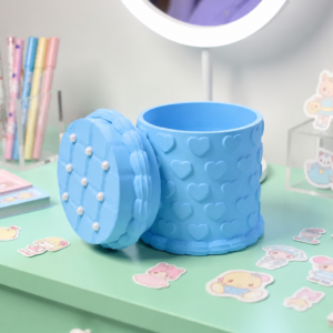 Kabartma Kalp Desenli Kapaklı Kalemlik – 3D Baskı Masaüstü Organizer - Mavi