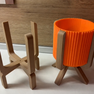 Ayaklı Çizgili Saksı – 3D Baskı Bej Standlı Dekoratif Saksı - Turuncu