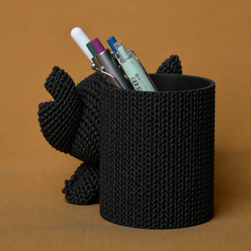 Knitted Kalemlik – 3D Baskı Sevimli Karakterli Masaüstü Kalem Organizeri-Siyah - Görsel 2