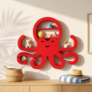 Ahtapot Duvar Rafı – 3D Baskı Dekoratif Mini Raf-Kırmızı