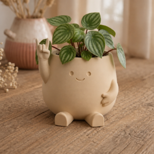 Smiley Face Planter – 3D Baskı Gülümseyen Karakterli Saksı-Bej