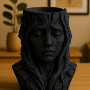 Ağlayan Kadın Büst Saksı – 3D Baskı Sanatsal Dekoratif Saksı - Siyah