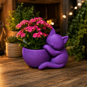 Sarılan Kedi Saksı – 3D Baskı Sevimli Dekoratif Saksı - Mor
