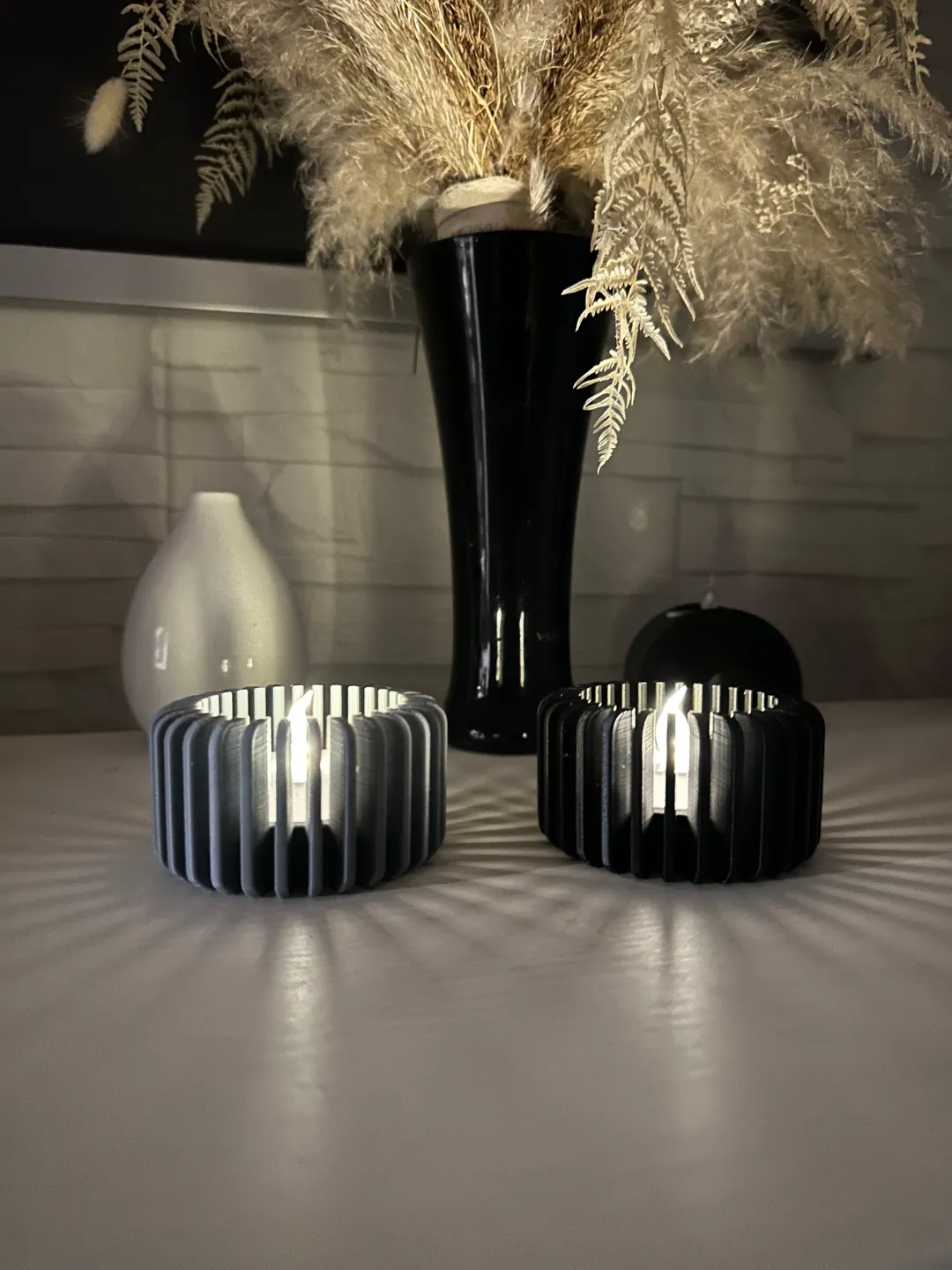 Modern Çizgili Mumluk – 3D Baskı Tealight Mumluk (1 Adet)-Gri - Görsel 2