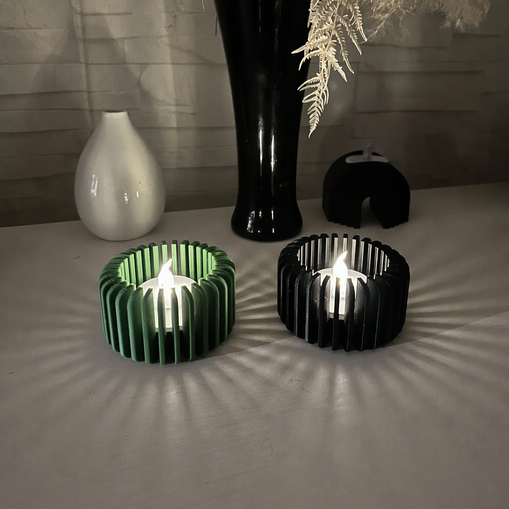 Modern Çizgili Mumluk – 3D Baskı Tealight Mumluk (1 Adet)-Yeşil