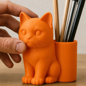 Kedi Figürlü Kalemlik – 3D Baskı Masaüstü Organizer - Turuncu
