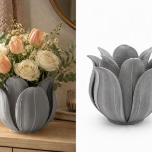 Lotus Yapraklı Vazo – 3D Baskı Dekoratif Çiçeklik-Gri