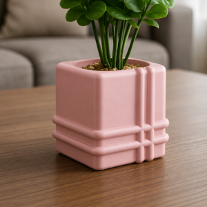 Square Planter – 3D Baskı Izgara Desenli Küp Saksı-Pembe