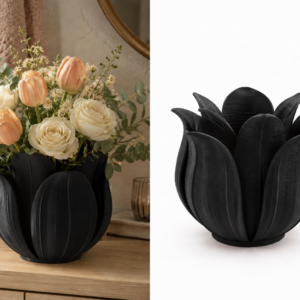 Lotus Yapraklı Vazo – 3D Baskı Dekoratif Çiçeklik-Siyah