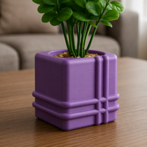 Square Planter – 3D Baskı Izgara Desenli Küp Saksı-Mor