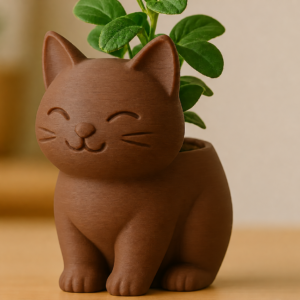 Sevimli Kedi Saksı – 3D Baskı Figürlü Sukulent Saksısı-Kahverengi