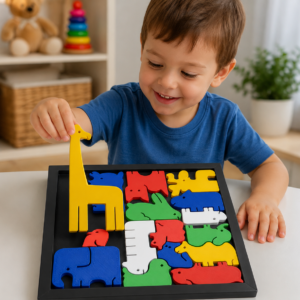 Hayvan Figürlü Ahşap Görünümlü Puzzle Oyunu – Eğitici Zeka ve Şekil Eşleştirme Oyuncağı