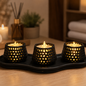 Dekoratif Mumluk Seti – Desenli Tealight ve Masaüstü Aydınlatma Objesi-Siyah