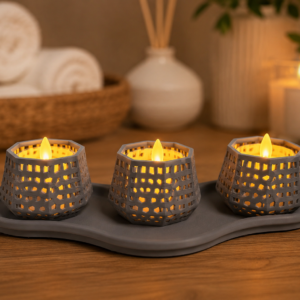 Dekoratif Mumluk Seti – Desenli Tealight ve Masaüstü Aydınlatma Objesi-Gri