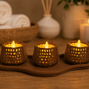 Dekoratif Mumluk Seti – Desenli Tealight ve Masaüstü Aydınlatma Objesi-Kahverengi
