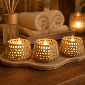 Dekoratif Mumluk Seti – Desenli Tealight ve Masaüstü Aydınlatma Objesi-Bej