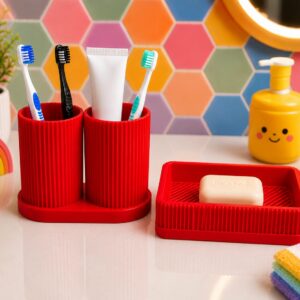 Diş Fırçalık ve Sabunluk Seti – Lavabo Üstü Banyo Organizeri-Kırmızı