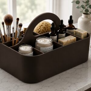 Çok Bölmeli Taşınabilir Banyo ve Makyaj Organizeri – Saplı Masaüstü Düzenleyici-Kahverengi