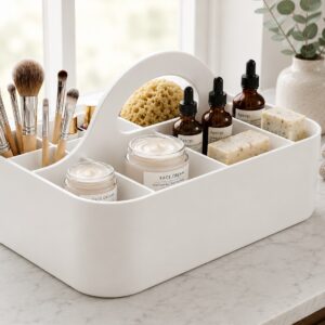 Çok Bölmeli Taşınabilir Banyo ve Makyaj Organizeri – Saplı Masaüstü Düzenleyici-Beyaz