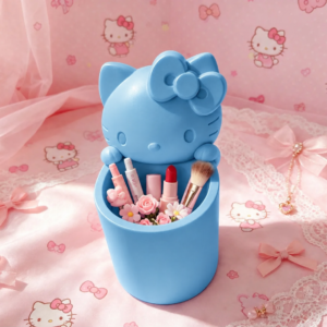 Fiyonklu Sevimli Kedi Figürlü Kalemlik – 3D Baskı Masaüstü Organizer - Mavi