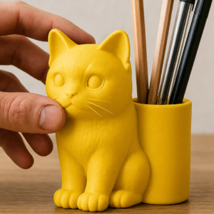 Kedi Figürlü Kalemlik – 3D Baskı Masaüstü Organizer - Sarı