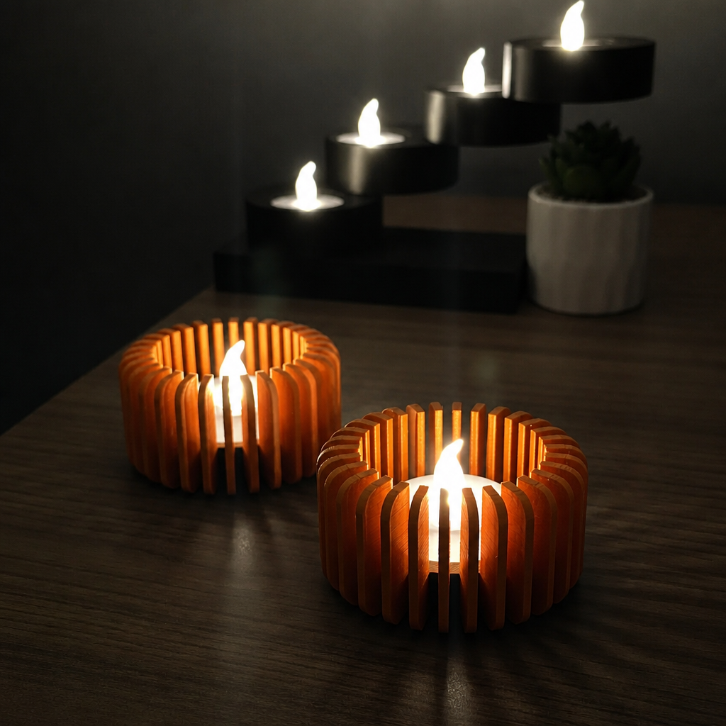 Modern Çizgili Mumluk – 3D Baskı Tealight Mumluk (1 Adet)-Turuncu - Görsel 3