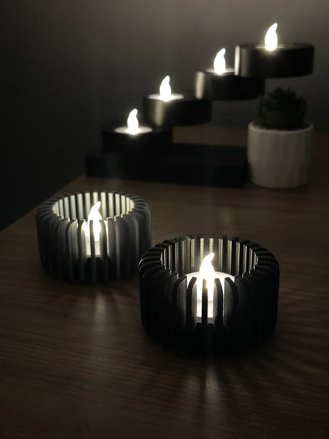 Modern Çizgili Mumluk – 3D Baskı Tealight Mumluk (1 Adet)-Gri - Görsel 3