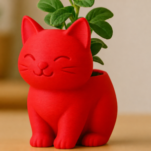 Sevimli Kedi Saksı – 3D Baskı Figürlü Sukulent Saksısı-Kırmızı