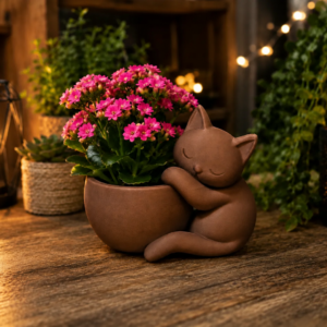 Sarılan Kedi Saksı – 3D Baskı Sevimli Dekoratif Saksı - Kahverengi