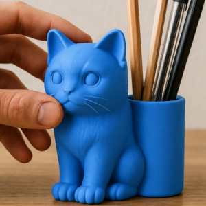 Kedi Figürlü Kalemlik – 3D Baskı Masaüstü Organizer - Mavi