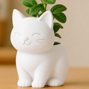 Sevimli Kedi Saksı – 3D Baskı Figürlü Sukulent Saksısı-Beyaz