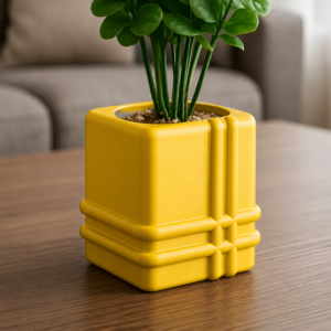 Square Planter – 3D Baskı Izgara Desenli Küp Saksı-Sarı