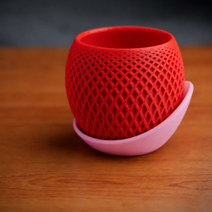 Küre Saksı – 3D Baskı Kafes Dokulu İki Parçalı Dekoratif Saksı - Kırmızı-Pembe