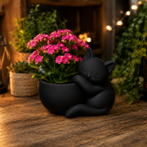 Sarılan Kedi Saksı – 3D Baskı Sevimli Dekoratif Saksı - Siyah