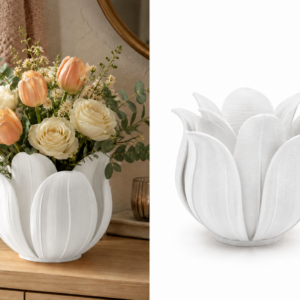 Lotus Yapraklı Vazo – 3D Baskı Dekoratif Çiçeklik-Beyaz