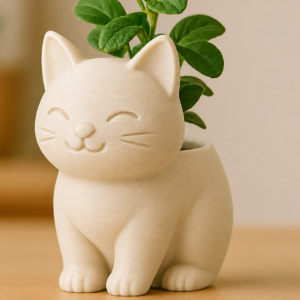 Sevimli Kedi Saksı – 3D Baskı Figürlü Sukulent Saksısı-Bej