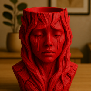 Ağlayan Kadın Büst Saksı – 3D Baskı Sanatsal Dekoratif Saksı - Kırmızı