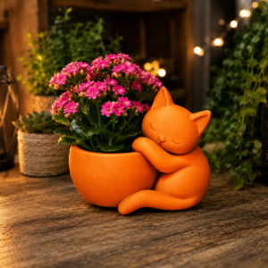 Sarılan Kedi Saksı – 3D Baskı Sevimli Dekoratif Saksı - Turuncu