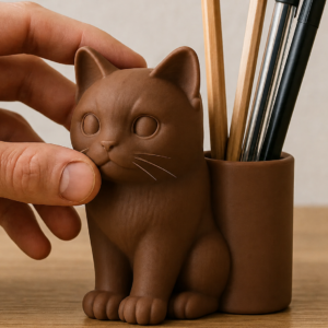 Kedi Figürlü Kalemlik – 3D Baskı Masaüstü Organizer - Kahverengi