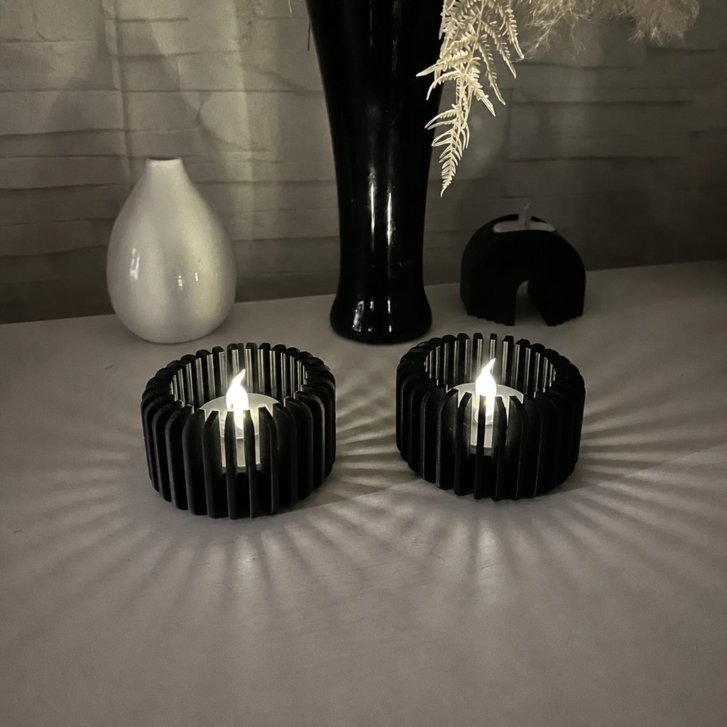 Modern Çizgili Mumluk – 3D Baskı Tealight Mumluk (1 Adet)-Siyah